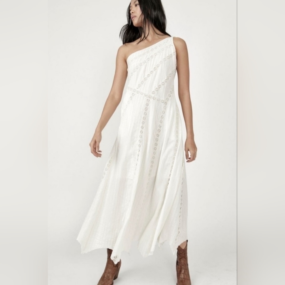 FREE PEOPLE White Bella Midi maxi dress ONE SHOULDER Sz Xs